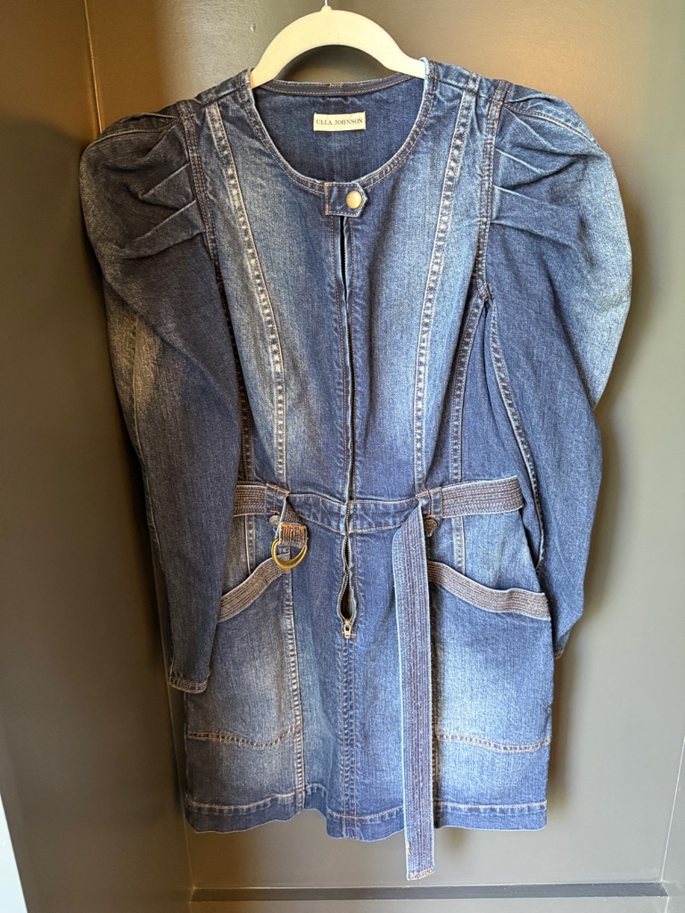 Ulla Johnson Distressed Indigo Denim Belted Dress with Puff Shoulders